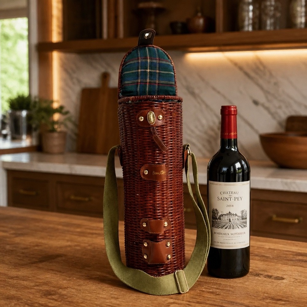 Beau Rivage Wicker Wine Bottle Carrier Insulated Plaid Lining Brown Picnic Tote